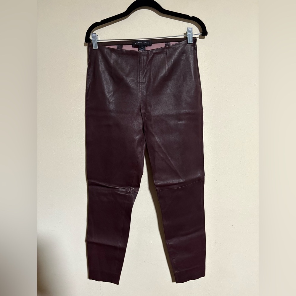Ralph Lauren Lambskin Leather Skinny Maroon Burgundy Pants - Size 10, Side Zip